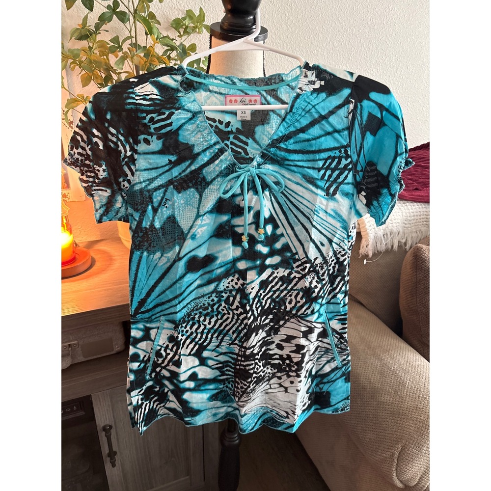 Koi by Kathy Peterson Butterfly Print Scrub Top Turquoise Black XS NWOT Cotton